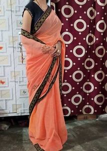 Elegant Peach Saree with Blue Velvet lace Border