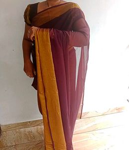 Purple Saree With Golden Border Withblouse Piece