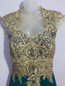 Y2k Vintage Teal &amp; Gold Embellished Formal Gown