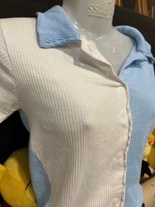 Two-Tone Sky Blue &amp; White Button-Up Ribbed Polo To