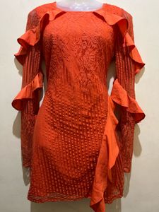 Koovs Branded Orange Ruffle Long Sleeve Dress