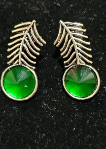 Silver Look alike Earrings With Green Stone