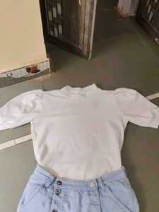 Combo Of White Puffed Sleve Top And Bell Bottom