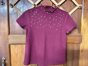 Burgundy Top with Pearl Detail