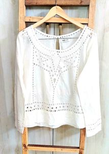 White Cutout Long Sleeve Top size-40