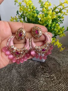 Pink Kundan Chandbali Earrings