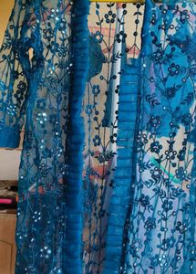 Royal Teal Elegance: Embroidered Layered Gown