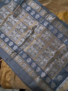 Silver Tussar Silk Saree With Zari Work Golden
