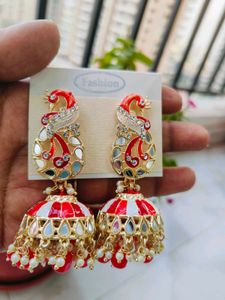 Peacock Meenakari Red/Black Jhumka Earrings
