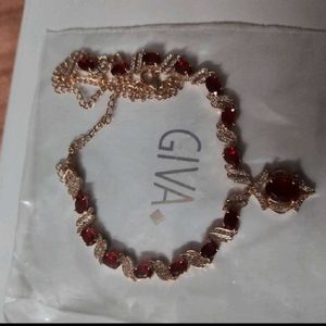 GIVA 925 Silver Rose Gold Ruby Necklace Earing Set