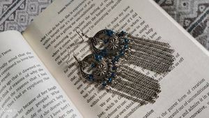 Oxidized crescent moon chandelier earrings