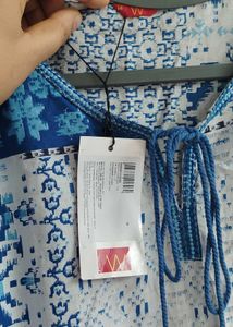 Blue &amp; White Tie Neck Top