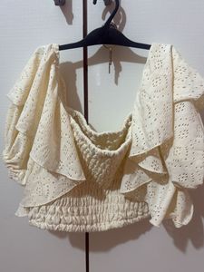 Cream Ruffle Sleeve Crop Top