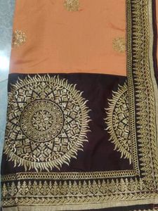 Heavy Embroidery Saree.... Peach And Brown Beautif
