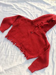 Burgundy Distressed Knit Zip-up Hoodie