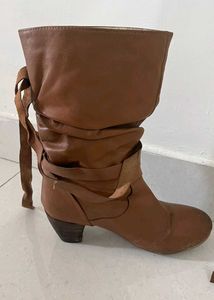 Brown Leather And Fur Heeled Boots