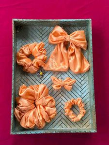 Peach Satin Scrunchie & Bow Set