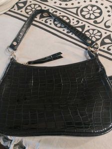 Black Croc Embossed Shoulder Bag