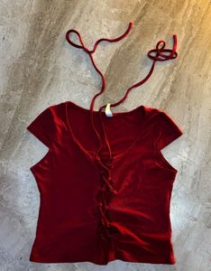 ✨ Trendy Red Lace-Up Maroon Top ✨.SIZE-30-36