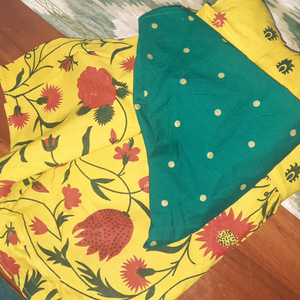 RustOrange Yellow Floral Print Dress with Scarf