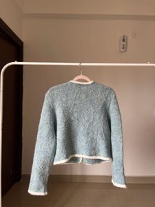 Powder Blue Wool Blend Boucle Cardigan