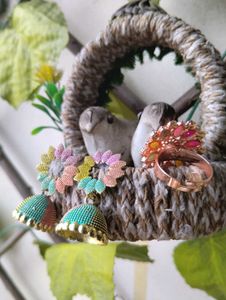Multicolor Jhumki With Matching Finger Ring