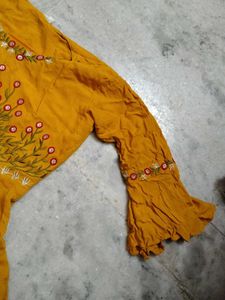 Mustard Thread Work Anarkali Flared Kurti