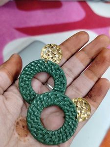 Green &amp; Gold Woven Circle Earrings