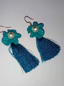 Korean Earring..Teal Flower Tassel Drop Earrings