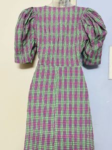 Zara Branded Plaid Puff Sleeve Midi Dress