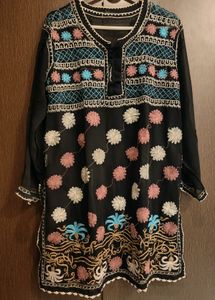 Women's Black Embroidery Lucnowi Kurti