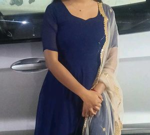 Anarkali Suit Set With Palazzo &amp; Blue Net Dupatta