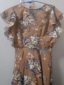 Floral brown fit and flare dress with ruffle sleev
