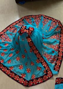 Elegant Blue Embroidered  Beautiful Saree