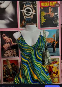 Y2K Vintage Halter Neck Blue Wave Dress With Slit