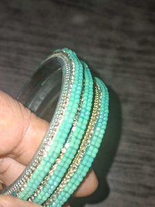 Teal &amp; Gold Beaded Bangles (Set of 3)