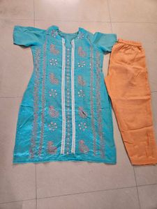 Teal Embroidered Kurti and Pant