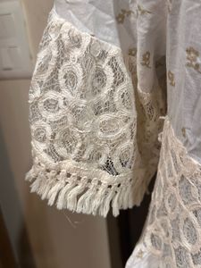 Women’s Cream Gold Embroidered Lace Trim  Dress