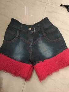 Denim Shorts with Fun Fur Trim