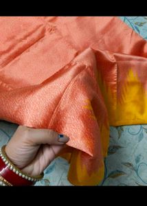 Coral Peach Saree With Yellow Contrast