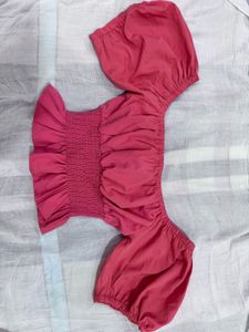 Coral Crop Top with Puff Sleeves