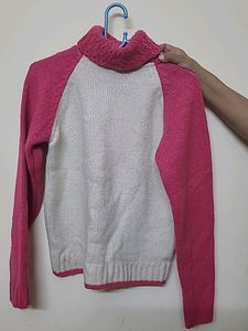 Pink And White Embellished Girls Highneck Sweater