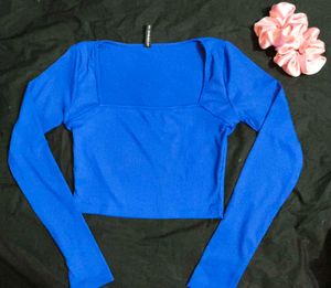 Blue Deep Neck Top With Full Sleeves