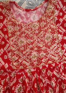 Red Printed Kurti with Embroidery