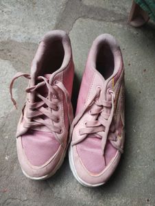 Pink And White Casual Sneakers With Slight Heels