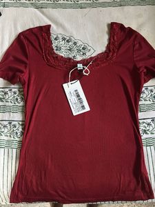 Red Lace Trim Fitted Top