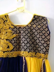 Yellow Blue Long Ethnic Dress For Women