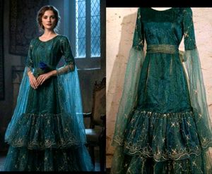 Teal & Emerald Metallic Gown With Embroidery