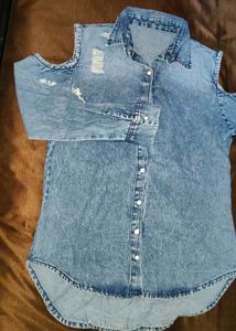 Distressed Denim Cold Shoulder Top