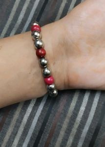 Beaded Anklet: Silver & Red